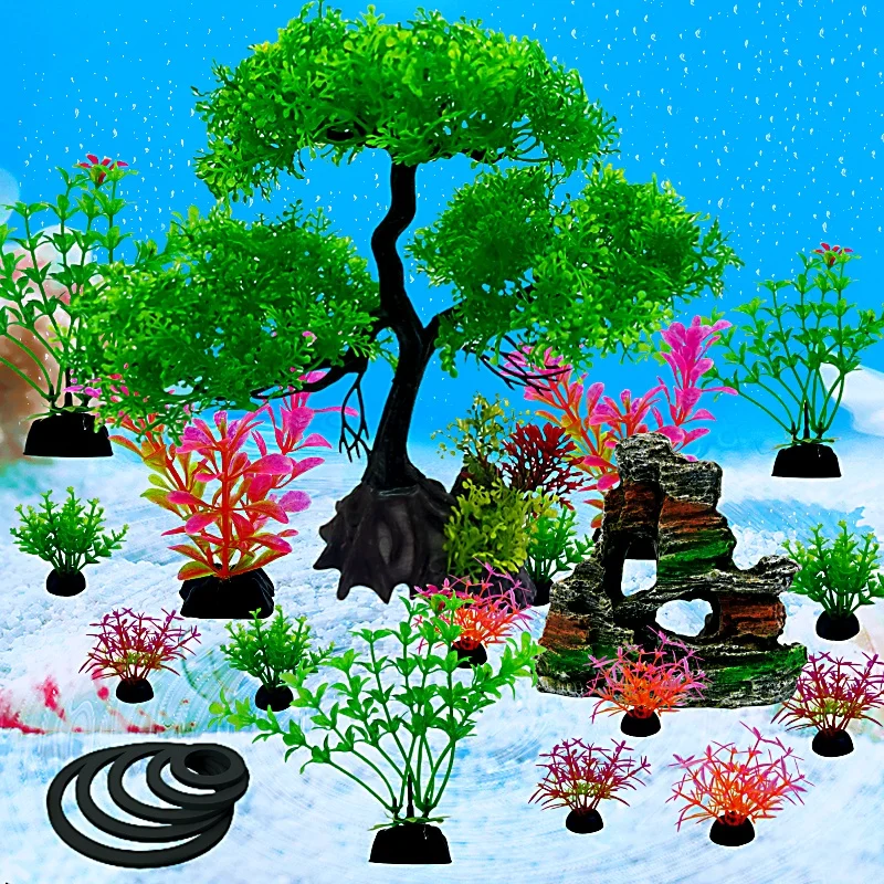 22PC set Aquarium Plants Ornaments Plastic Simulation Fish Tank Decoration Accessories-Simulation tree - rockery - grass fence