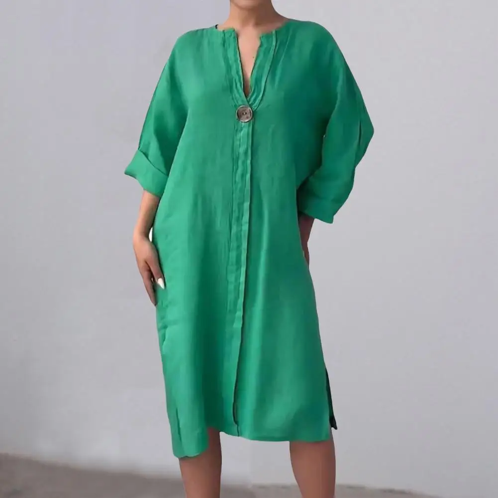 

Women Loose Fit Dress Elegant V Neck Midi Dress with Button Decor Loose A-line Silhouette Three Quarter Sleeves Women's for Fall