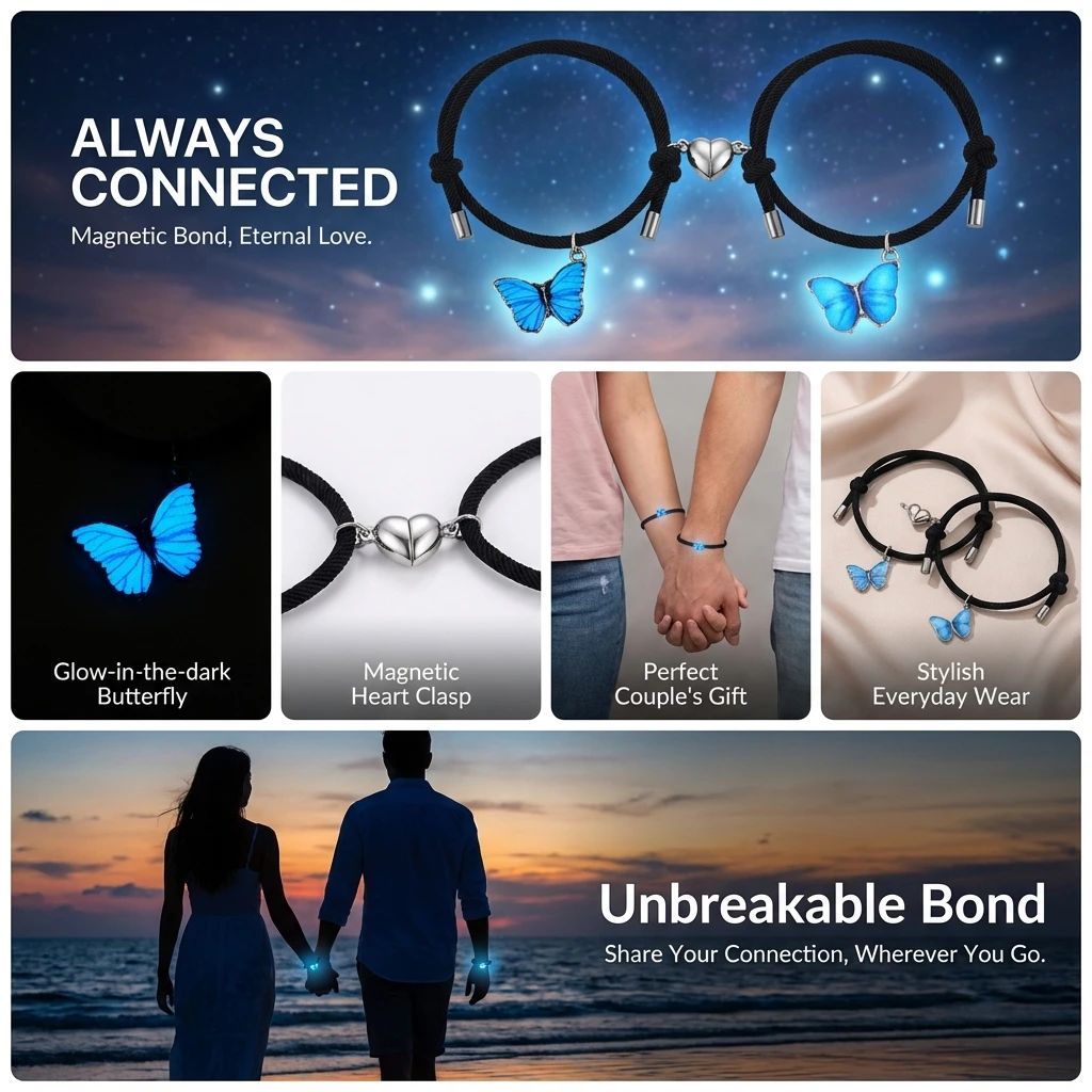 2026 Magnetische blaue Schmetterlings-Paararmbänder für Damen und Herren – Niedliche, verstellbare Seilarmbänder, passende Versprechensarmbänder, Valentinstag-Schmuckgeschenk – Detail 3
