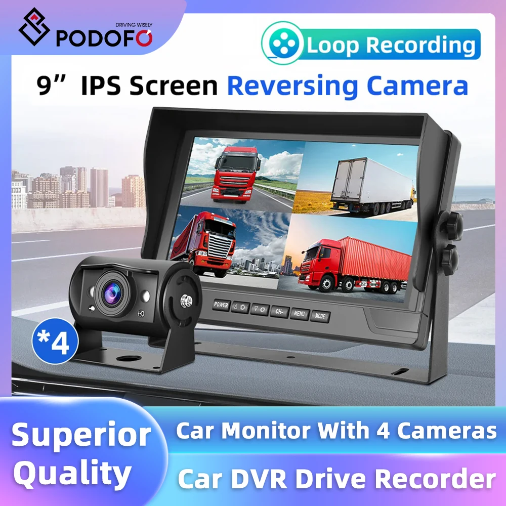 Podofo 9'' Car Monitor With 4 Cameras IPS Screen IP66 Waterproof Night Vision Dashboard Dash Cam 1080P Car DVR Drive Recorder