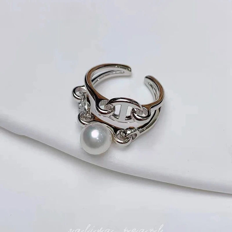 Double Layer Pig Nose Ring Natural Freshwater Akoya Pearl Ring with Adjustable Opening for High-end Fashion Gifts for women