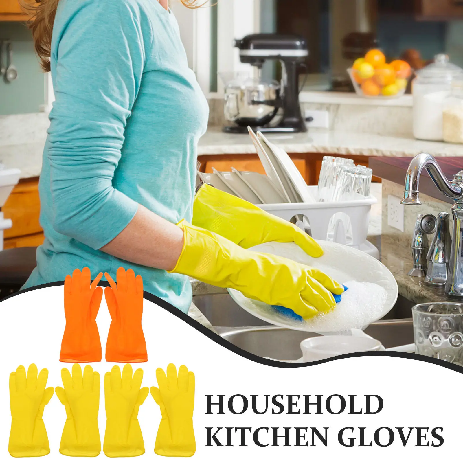 3Pairs Household Cleaning Gloves Latex Long Cuff Reusable Kitchen Washing Gloves for Dishwashing and Gardening Work