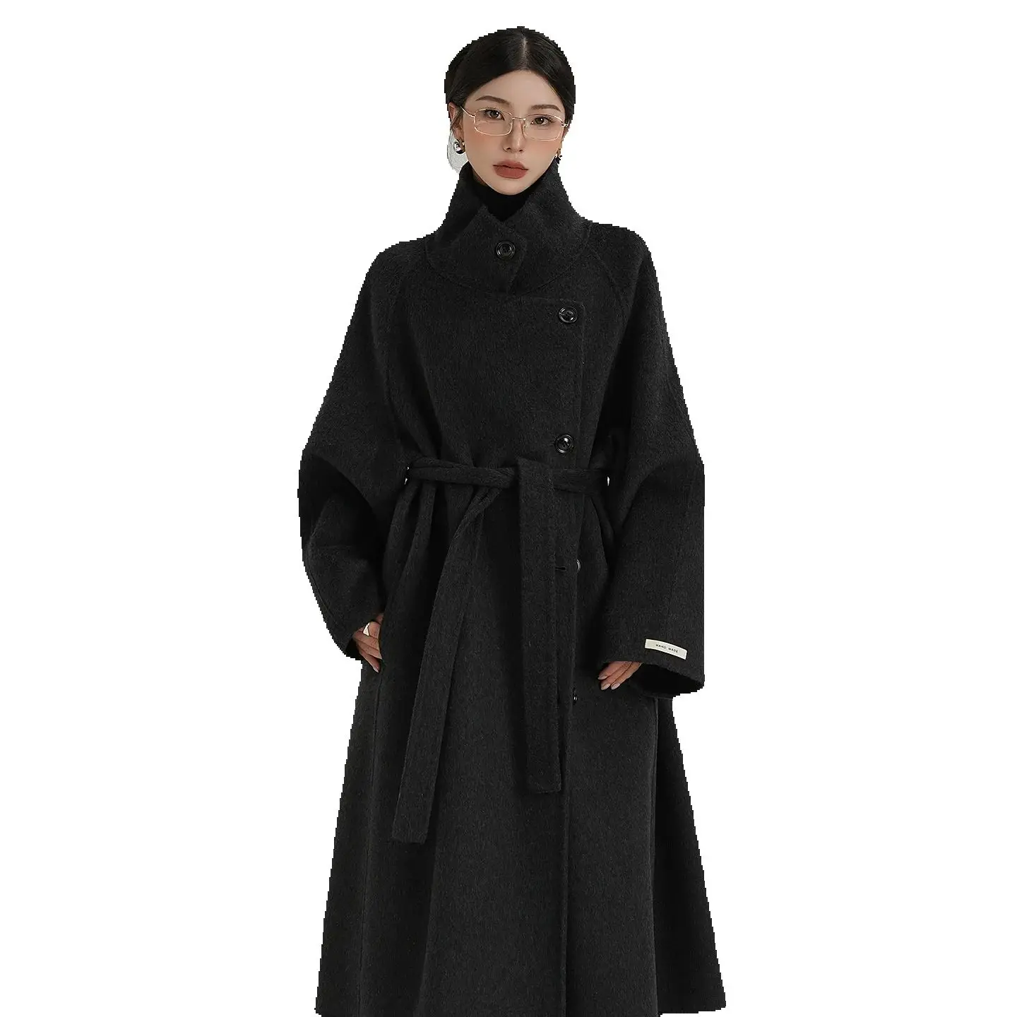 

Высококачественное и элегантное длинное шерстяное пальто черного цвета с воротником-стойкой, двусторонняя шерстяная куртка, новый зимний стиль для женщин