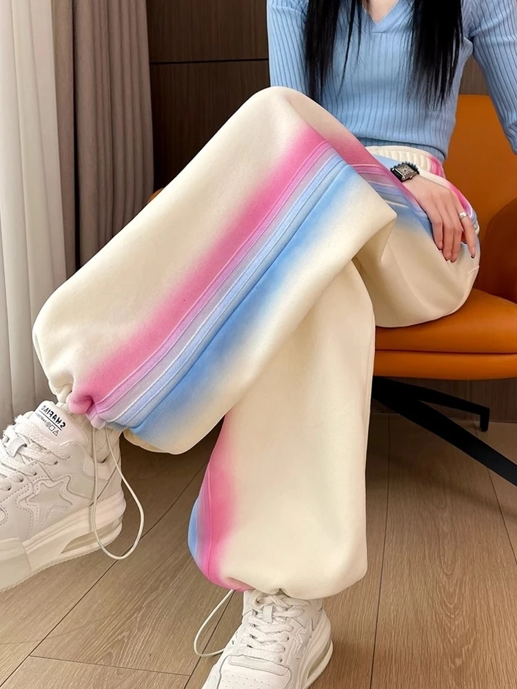 Thickened Fleece Wide Leg Pants Women's Loose Slimming Drapey Cuffed Straight Leg Sweatpants Gradient Color Casual Sports Pants