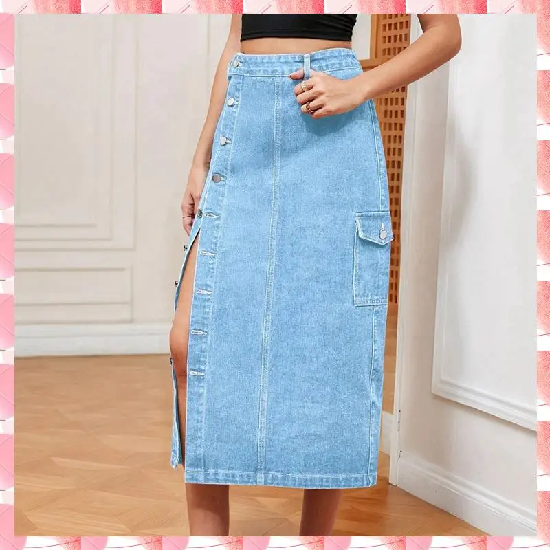 

Women's Casual High Waist Denim Mid Skirt Slit Button Up Jean Skirts With Pockets