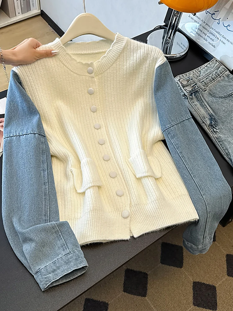 

Denim Patchwork Women's Knitted Sweater Color Blocking Fake Two Pieces O-neck Cardigans Fashion Single Breasted Knitwear Tops