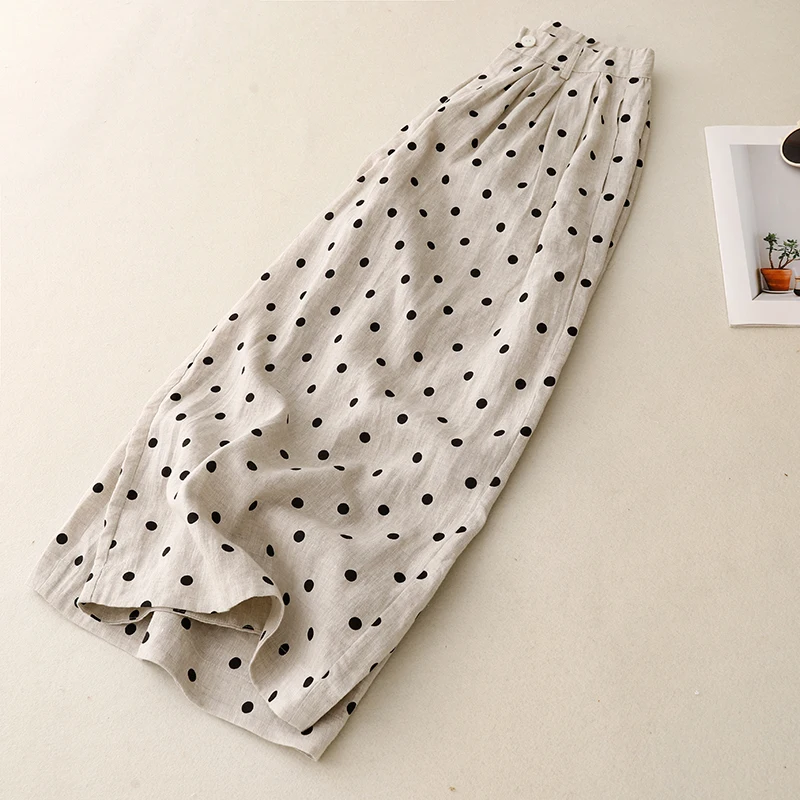 Lente Zomer Nieuwe Linnen Casual Polka Dot Print Wijde Pijpen Broek Dunne Rechte Cut Dames Casual Broek l Taille Negen Punten