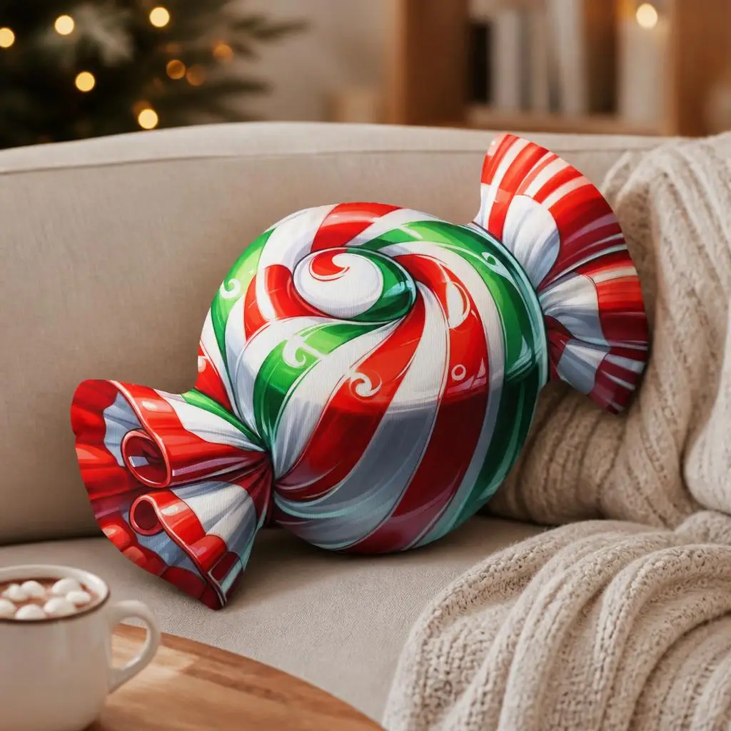 Red Green White Christmas Candy Shaped Stuffed Throw Pillow Peppermint Swirl Cushion Holiday Sweet Sofa Decor Festive Gift