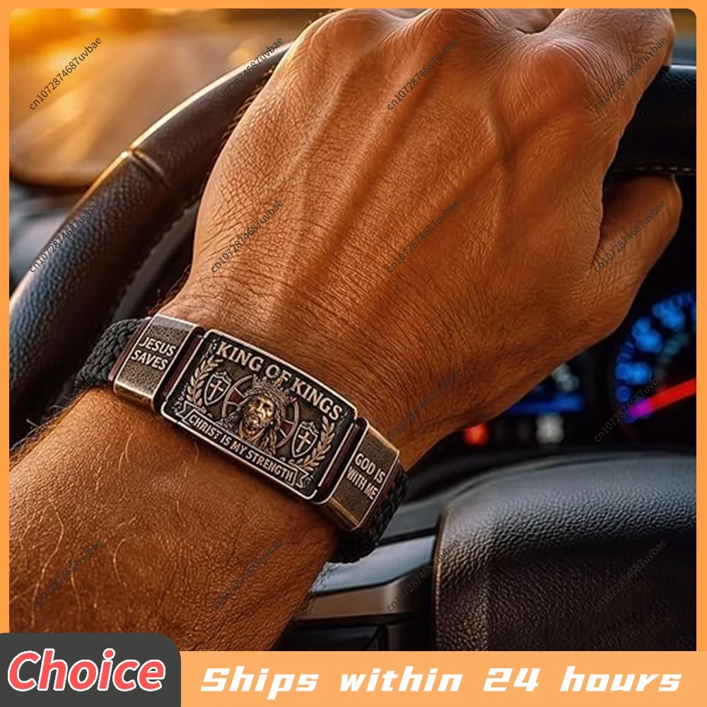King of Kings Faith Bracelet PU Leather Decorative Faith Bracelet Religious Inspirational Wristband Gift for Men Husband Dad