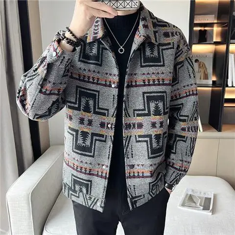 Fashion Lapel Button Vintage Printed Geometric Jackets Men's Clothing 2024 Autumn Winter New Loose All-match Tops Casual Coats