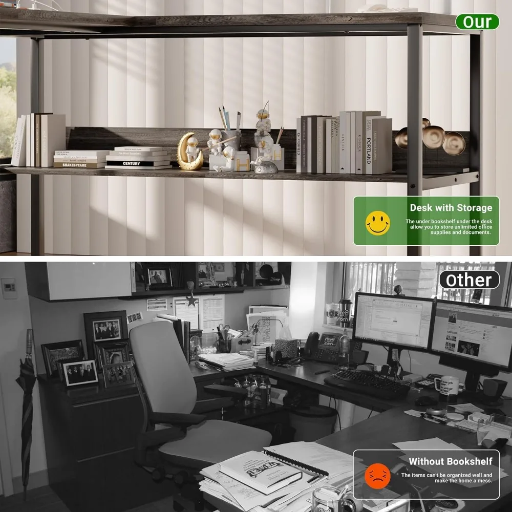 Unikito Reversible L Shaped Desk with Magic Power Outlets and USB Charging Ports, Sturdy Corner Computer Desk with Storage