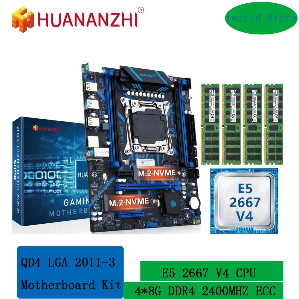 lga 20113 kit de placa mae com xeon e5 2667 v4 e 4x8g ddr4 2400mhz recc memory combo grupo m2 nvme ngff sata huananzhi x99 qd4 01