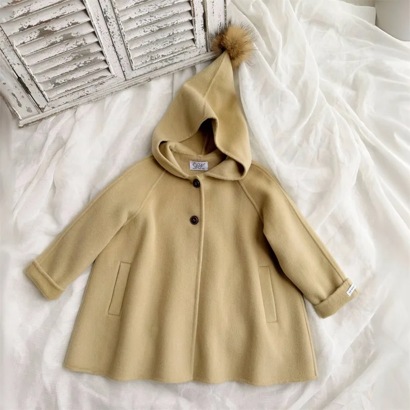 Ins Handmade Children Wool Double-sided Cashmere Boutique Girls Coat Cheese Yellow Elf Hat Kids Christmas Warm Jacket
