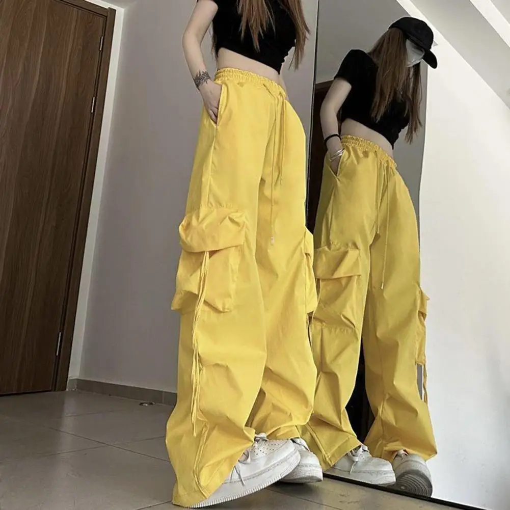 

Retro Women Elastic High Waist Cargo Pants Drawstring Multi Pockets Straight Wide Leg Casual Long Trousers Streetwear