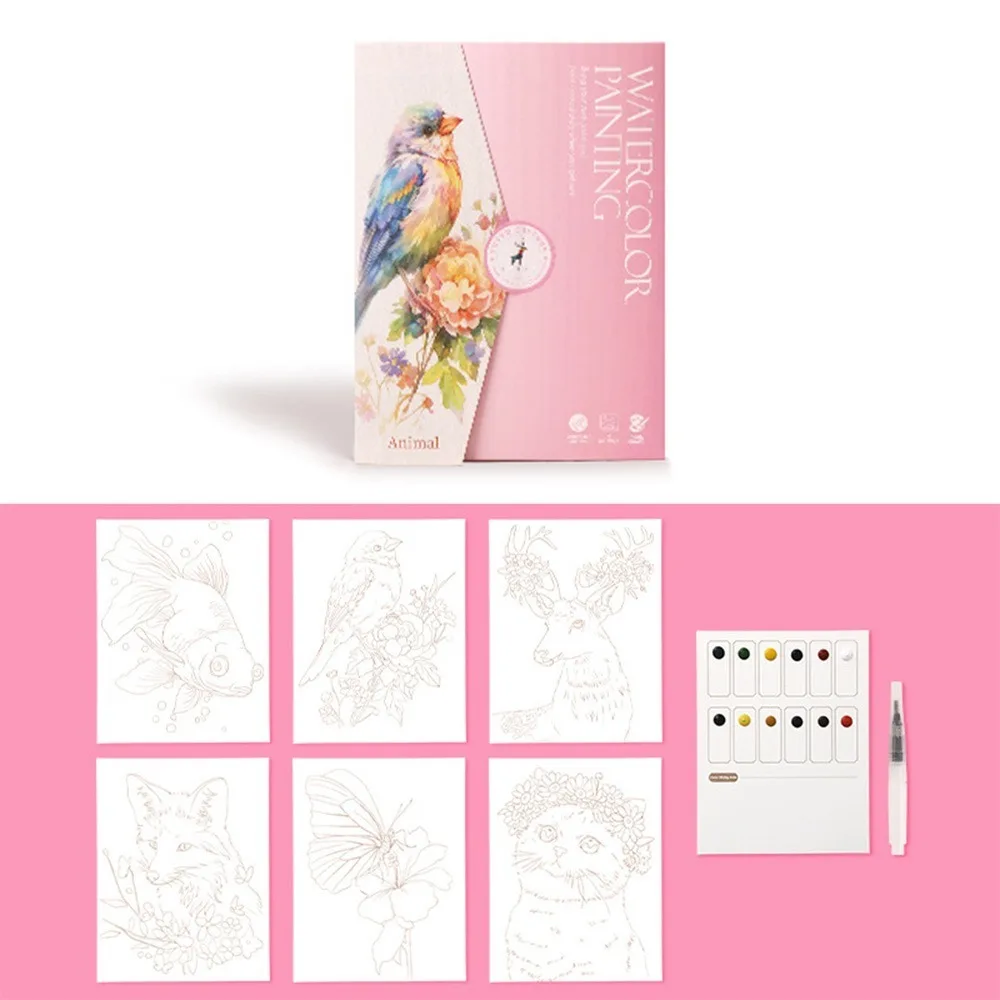 6-Page Foldable Watercolor Painting Kit 12 Colors With Painting Brush Watercolor Coloring Book High-Quality Paper