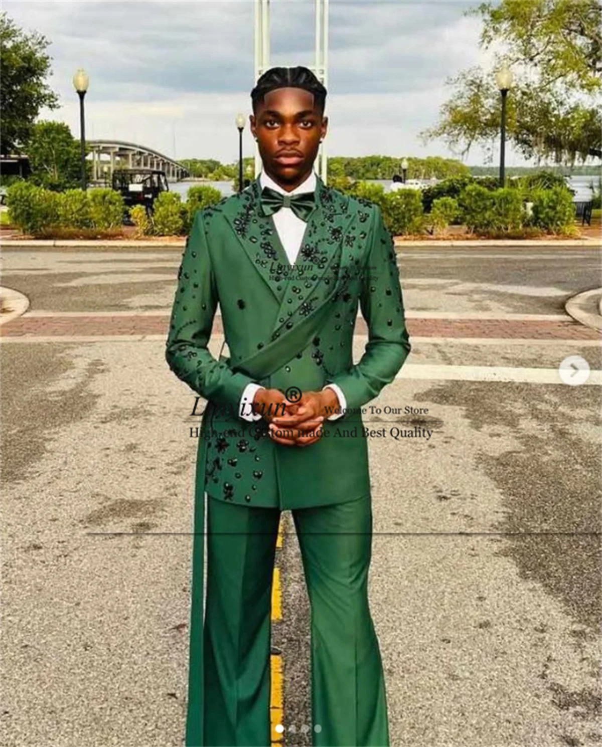 Glitter Jewelry Ornament Tuxedo Men Suits Customized Wedding Groom Male Prom Blazers 2 Piece Set Double Breasted Costume Homme