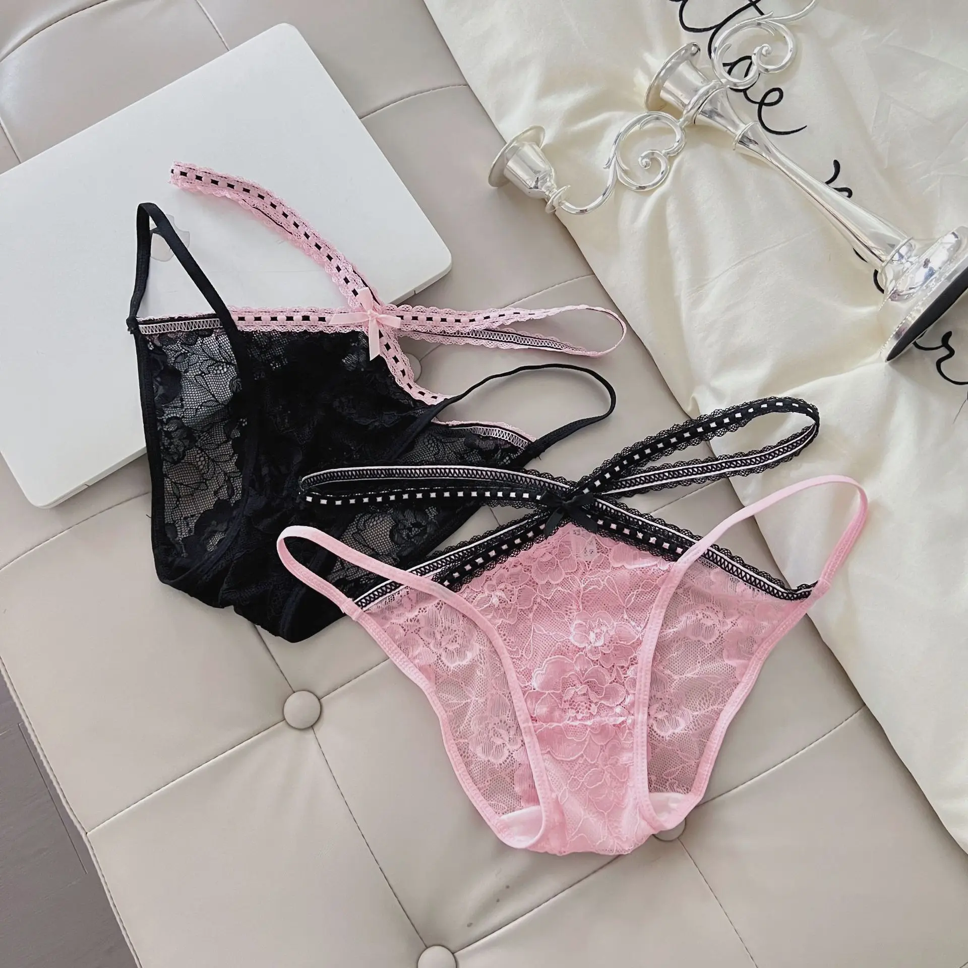 

New Lace Woman Underwear Japanese Style Hollow Out Cut Bow Thongs Patchwork Color Waistband Seamless Breathable Sexy Lingeries
