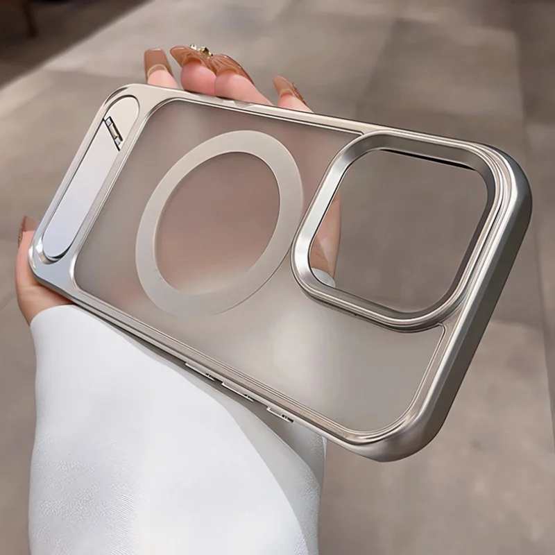 Casing Magnetik Transparan Berlapis Embun untuk iPhone 17 16 15 14 13 12 11 Pro Max dengan Penyangga Lipat untuk Magsafe, Pelindung Anti Benturan