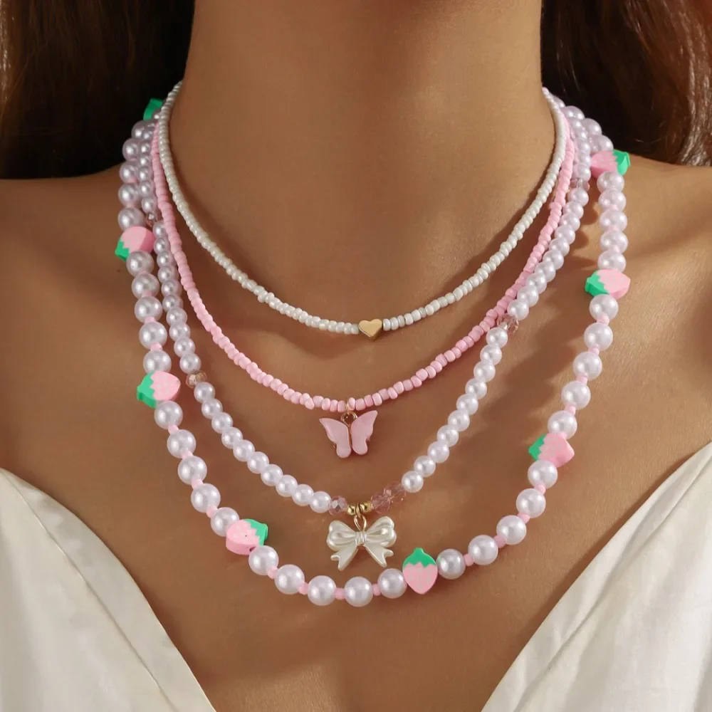 Cute Strawberry Bowknot Heart-shaped Pendant Imitation Pearl Collision Color Multi Layer Wear Necklace for Women Jewelry Set