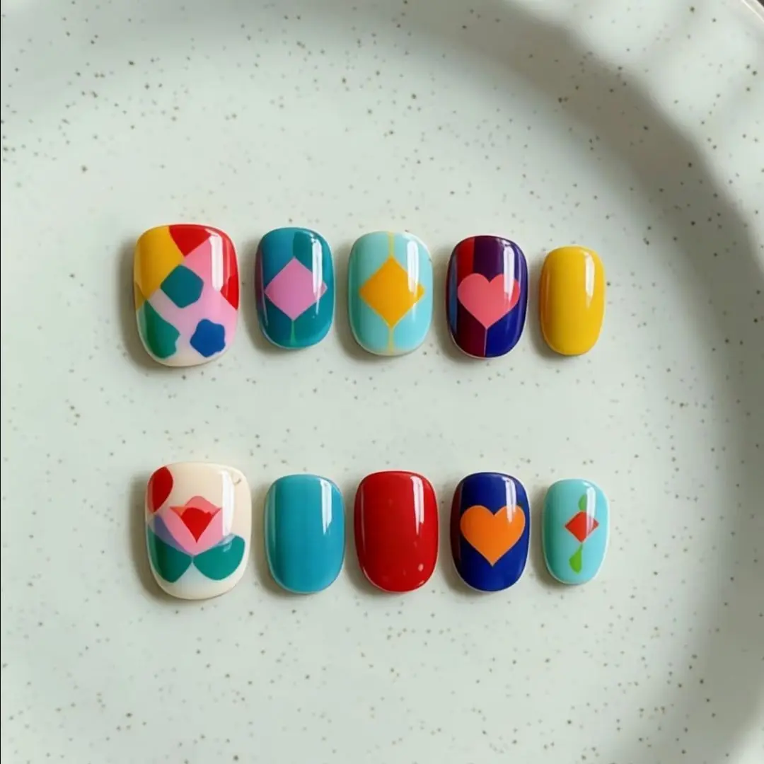30pcs Vintage Contrast Press on Nail Colorful Geometric Rhombus Heart Floral Pattern Fake Nail Short Square False Nail for Women