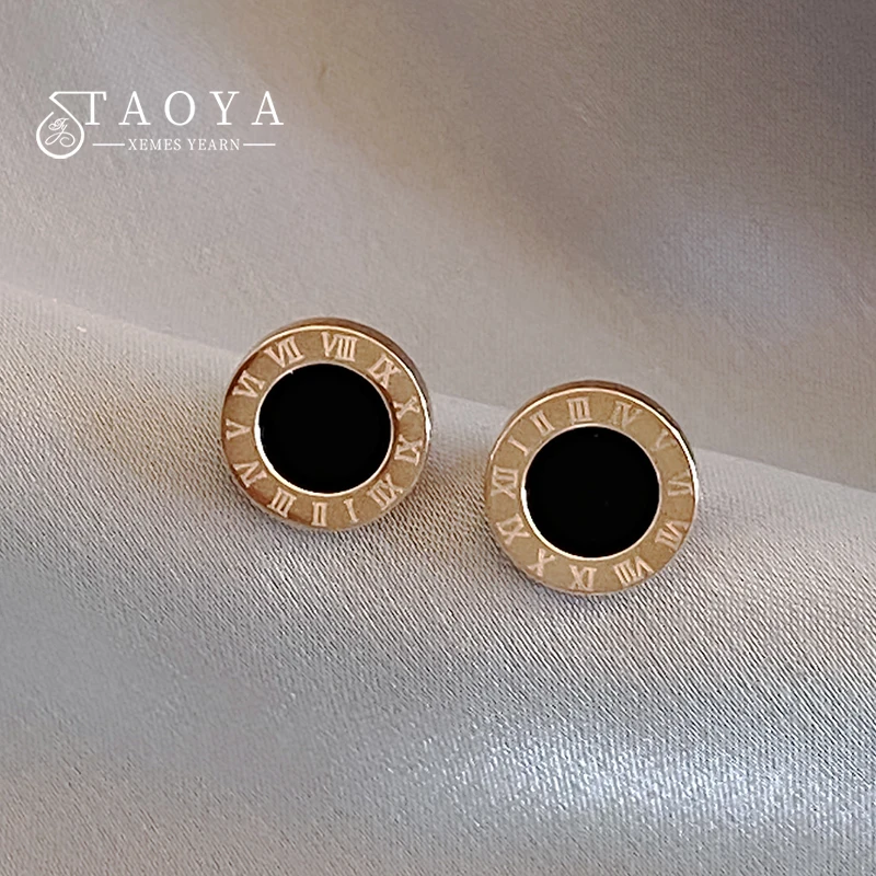 Classic Roman Numerals Stainless steel Rose Gold Color Black Round Earrings Luxury Accessories For Women‘s 2023 Fashion Jewelry