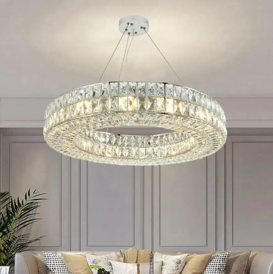 

American Luxury E14 Led Pendant Lights Adjustable Circle Led Hanging Lamp Lustre K9 Crystal Gold Silver Suspend Lamp Fixture