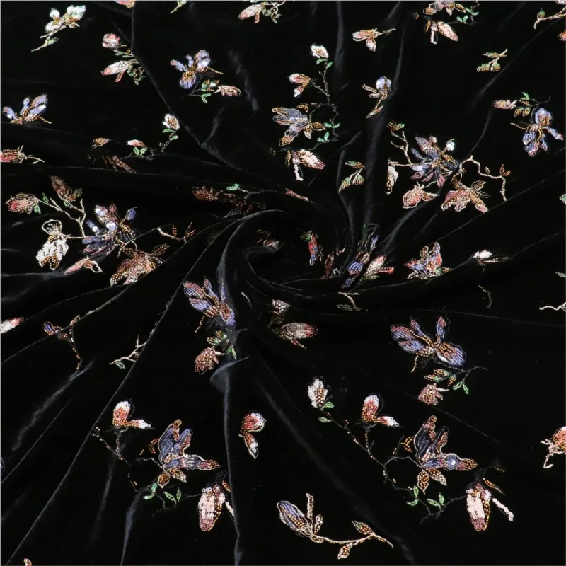 Three-dimensional floral brocade velvet bead embroidery fabric sequined wedding dress evening women's