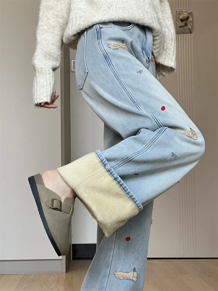 

Cartoon Sausage Dog Embroidered Fleece Lined Wide Leg Jeans Women's High Waist Slimming Long Pants Casual Style High Waist