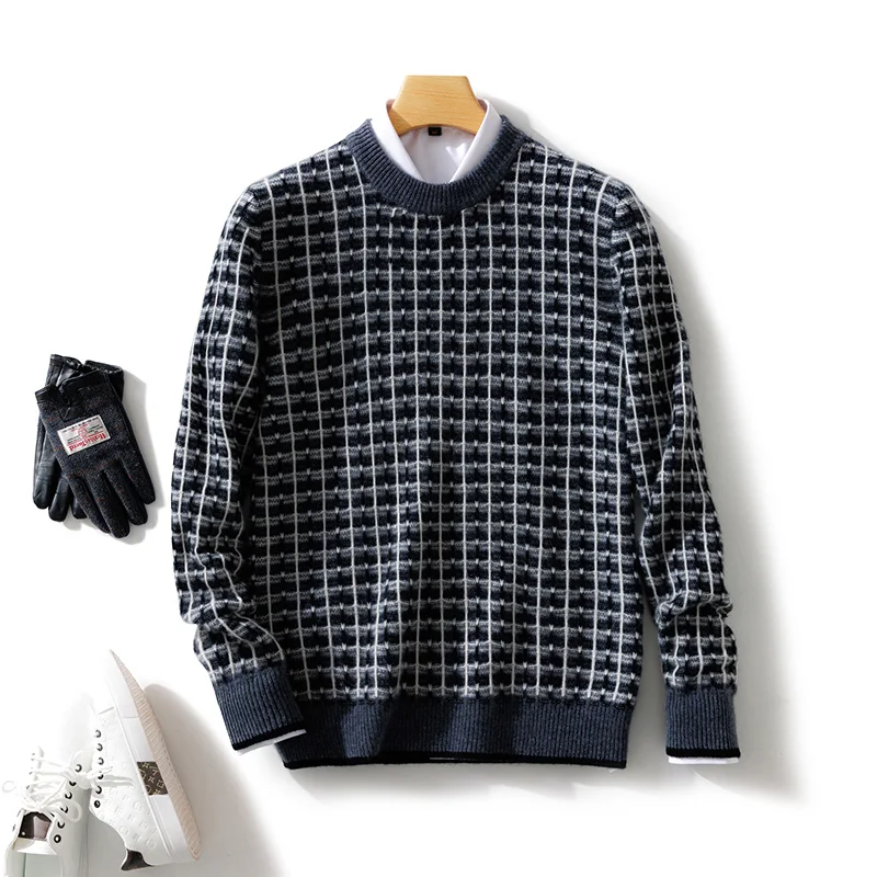 100% Merino Wool Men's Color-Blocking O-Neck Knitted Sweater Pullover Cashmere Fashion Long Sleeves Soft Casual Clothing Top