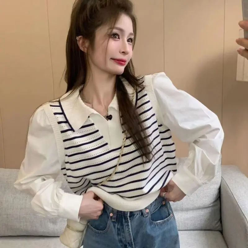 Women Autumn Korean Style Loose Knit Sweater Collar Striped Mock Layer Long Sleeve Patchwork Casual Pullover 2026