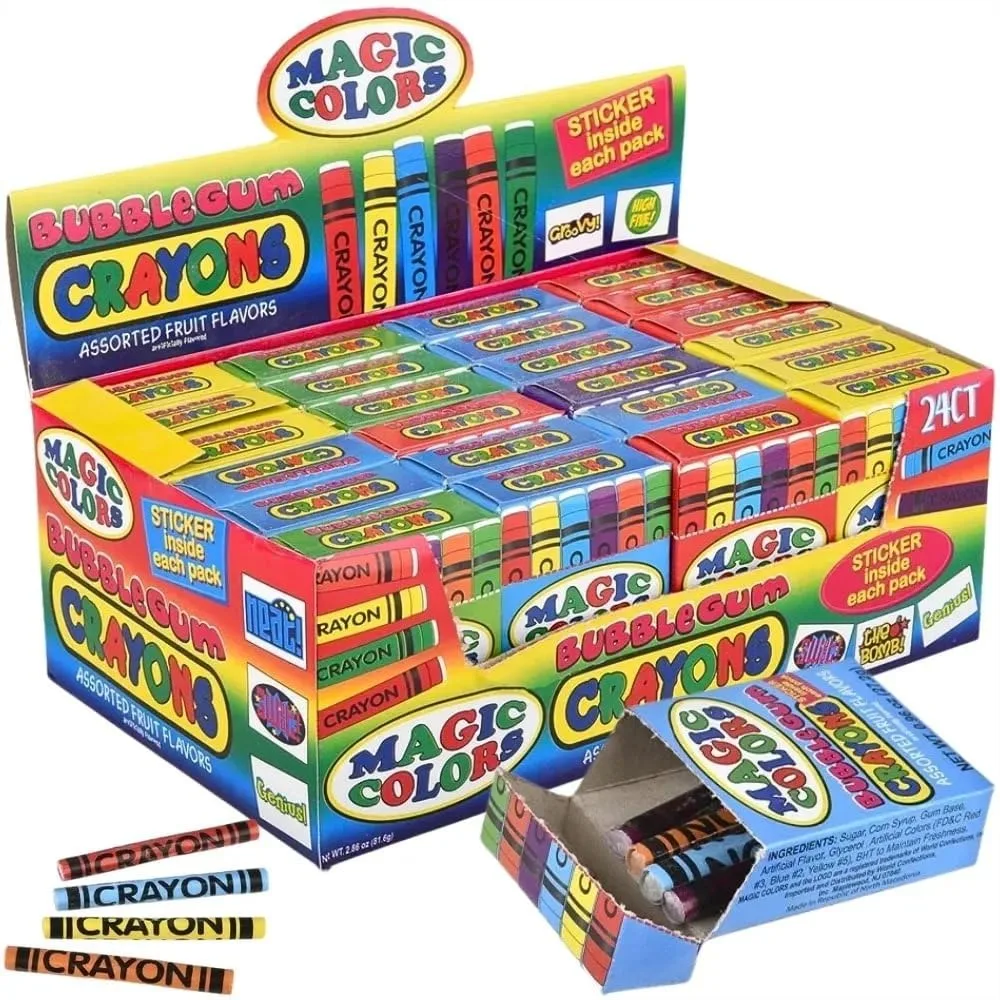 

Assorted Fruit Flavored Bubble Gum Crayons Pack: 24-Piece Box for Kids