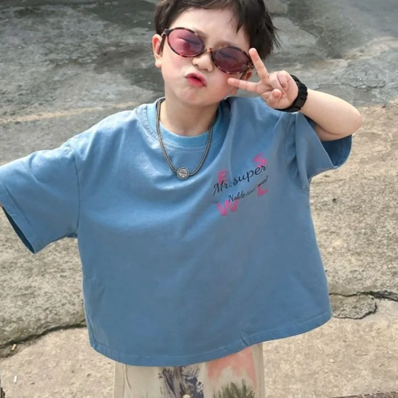 Camiseta de Verano 2026 para Niños, Estilo Coreano, Holgada, de Algodón, Manga Corta, Color Azul Celeste, Ropa Urbana