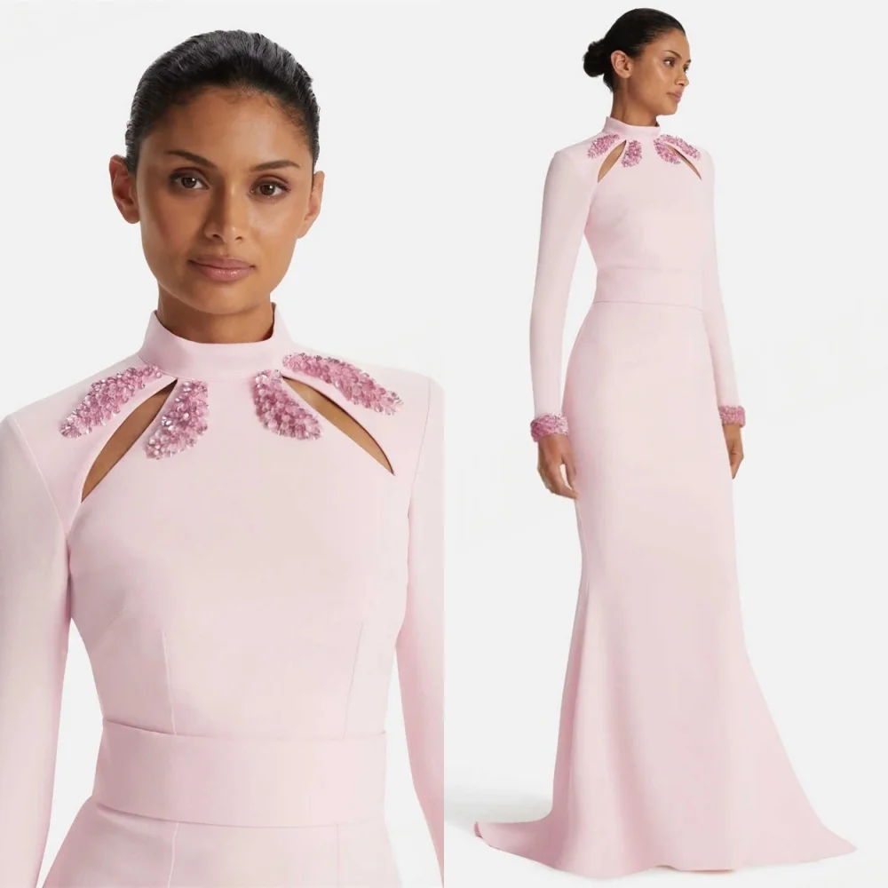 

Customized Mermaid Simple Pink Jersey Evening Dresses Exquisite Long Sleeves Homecoming Dresses Luxury Special Occasion Gowns