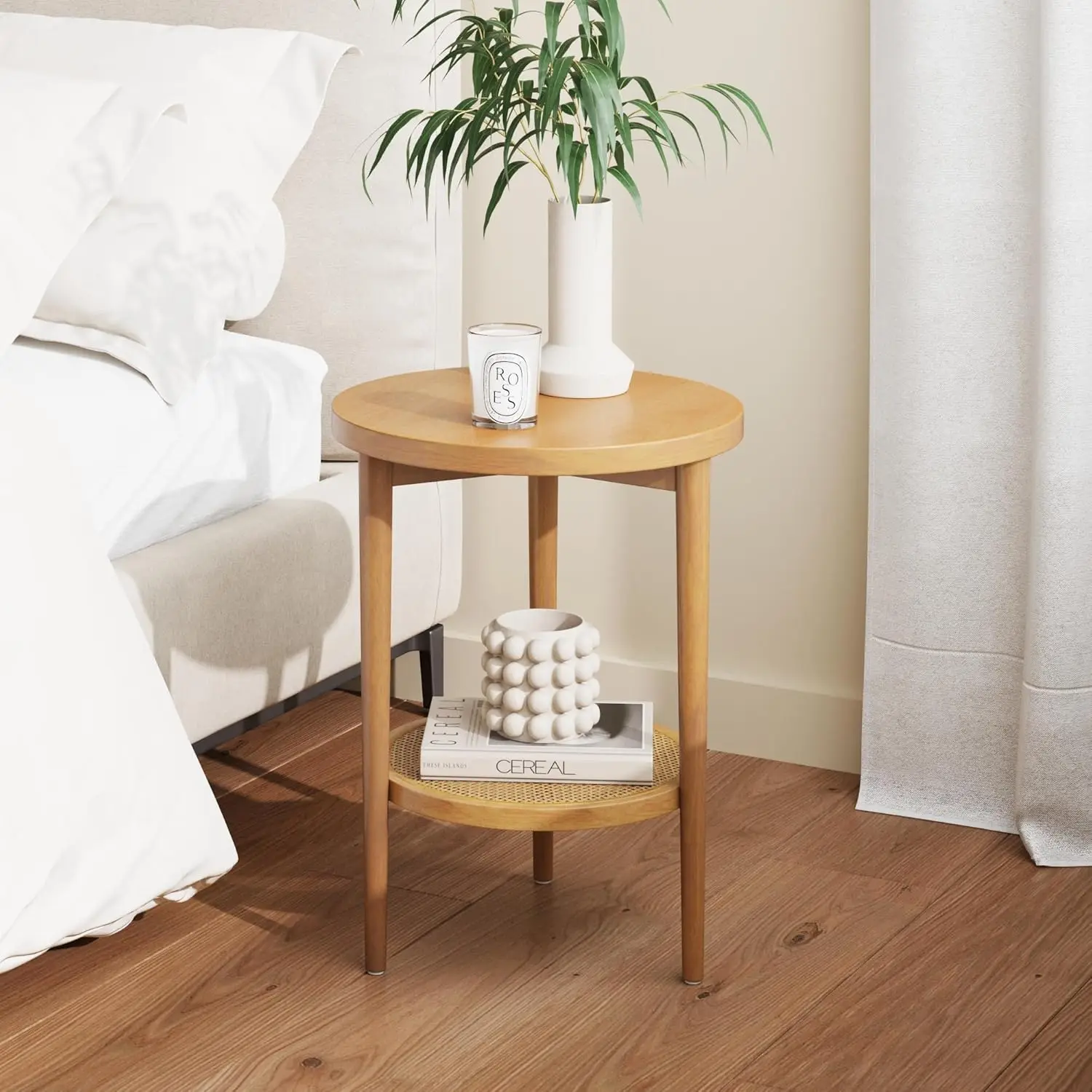 

Sonia Boho Round Accent End Table, Natural Sofa Side Table in Light Wood with Rattan Storage Shelf for Living Room, Bedroom