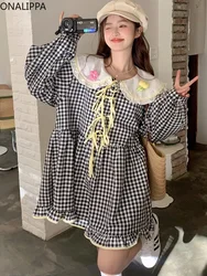 Onalippa Sweet Bows Contrast Plaid Shirt Peter Pan Collar Heavy Industry Mid-length Women Tops Korean High Waist Loose Shirts