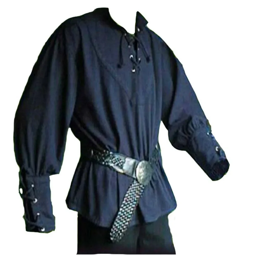 Camisas medievales Vintage para hombres, camisa renacentista de manga larga, Tops de vendaje, disfraz de piratas vikingos con cordones, camisa de mediana edad para Halloween