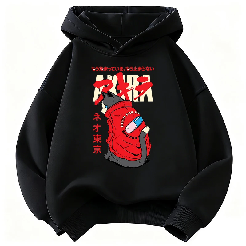Retro Akira Katzen-Sweatshirt Japanischer Anime-Stil Niedlicher Harajuku Hoodie für Jungen und Mädchen Herbst Frühling Lässige Kapuzenpullover