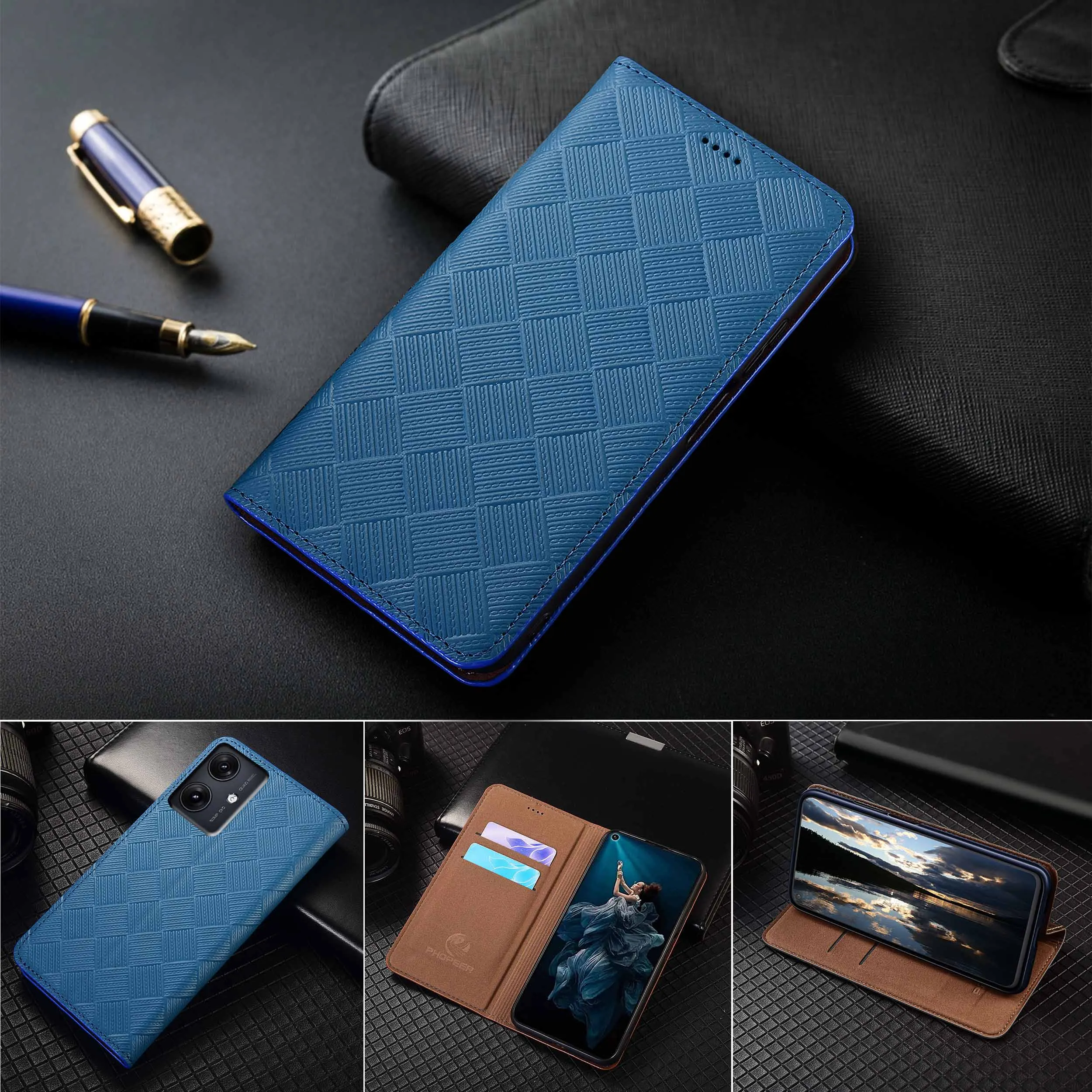 

For Moto G53 G55 G60 G60S G62 G64 G72 G73 G75 G82 G84 G85 5G Knit Pattern Of Genuine LeatherWallet Flip Phone Cover Case Cowhide