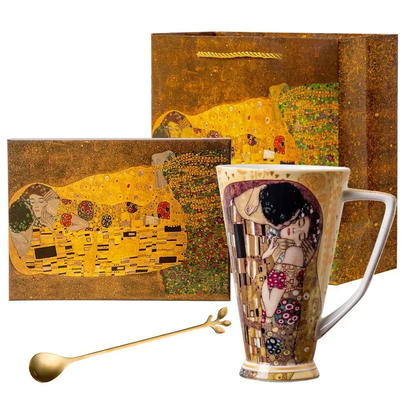 Klimt Bone China Mug with Gift Box Europe Retro Ceramic Water Cup Creative Oil Painting Large Capacity Mug Personalized Gift