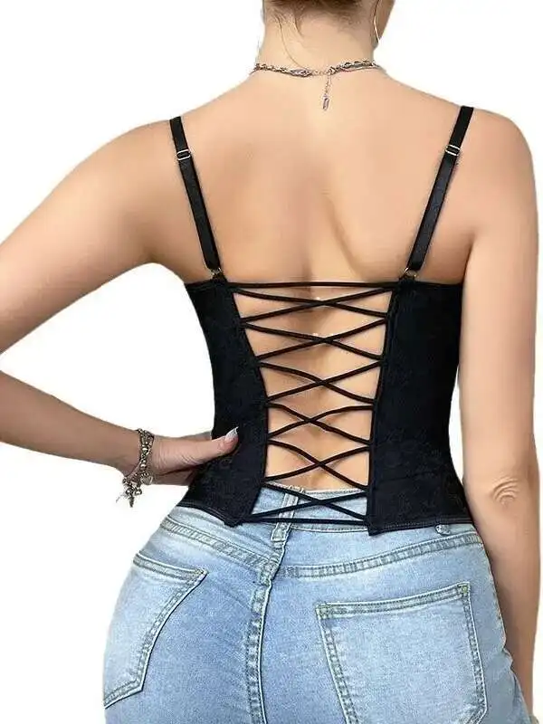 مثير الدانتيل شبكة بلون زهرة التطريز Vset الجوف خارج عارية الذراعين العميق الخامس الحمالات سترة دون أكمام الساحرة أنيقة V0KP #5