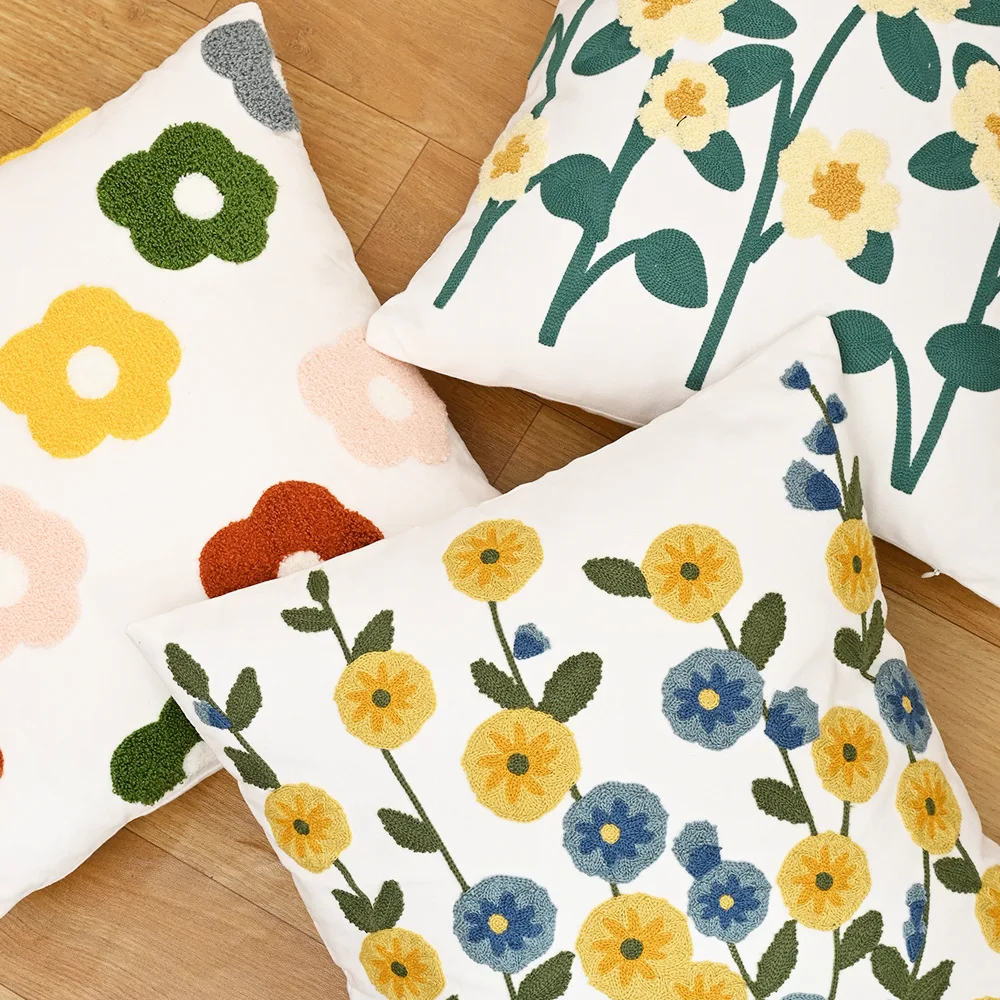 INS Flower Towel Embroidered Pillow Cover 45x45cm Nordic Pure Cotton Cushion Waist Cover Living Room Sofa Decorative Pillowcases
