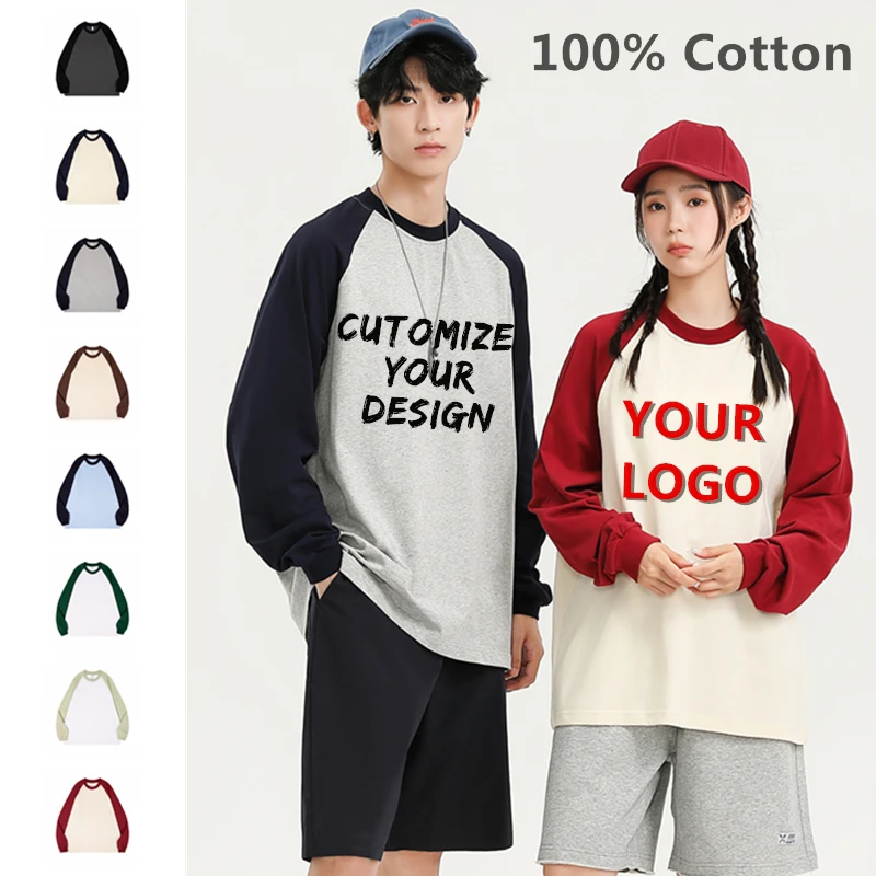 

Персонализированные футболки из 100% хлопка контрастного цвета с длинными рукавами, толстовки с круглым вырезом, логотип бренда, унисекс, уличная одежда