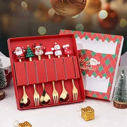 Set di posate In acciaio inossidabile da 4/6 pezzi In stile natalizio per uso alimentare In confezione regalo, torta da Dessert, cucchiaio da caffè alla frutta, regalo di natale