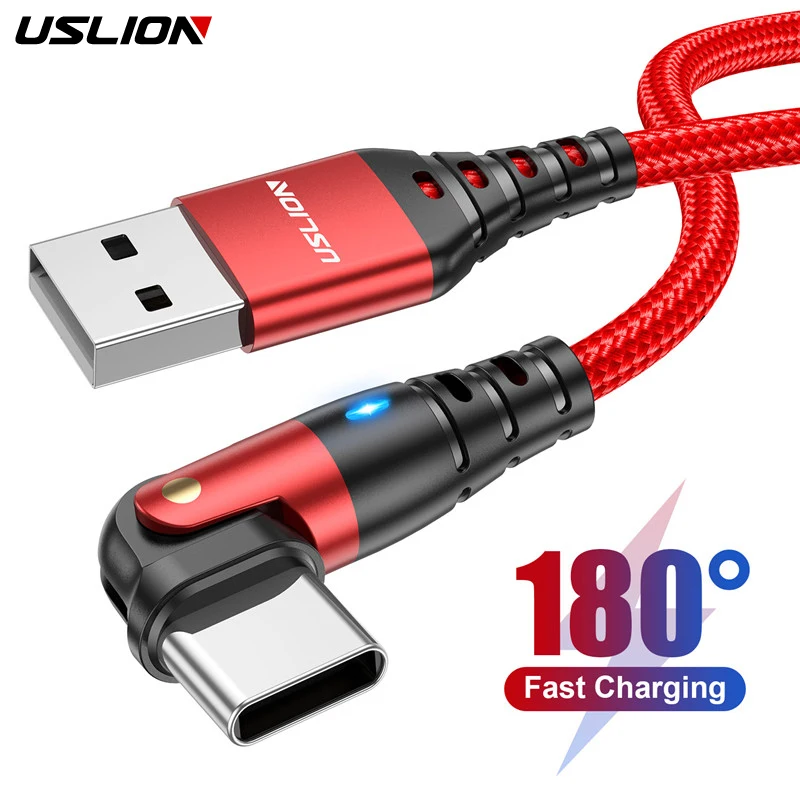 USLION Red Type C Cable 180 Rotate 3A Fast Charging Wire For Samsung Xiaomi Mobile Phone USB C Cable Type C Charger Data Cables