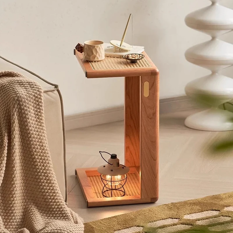 

Solid Wood Bay Window Coffee Desk, French Country Retro Side Table, Rattan Woven Balcony End Table for Living Room Patio Decor