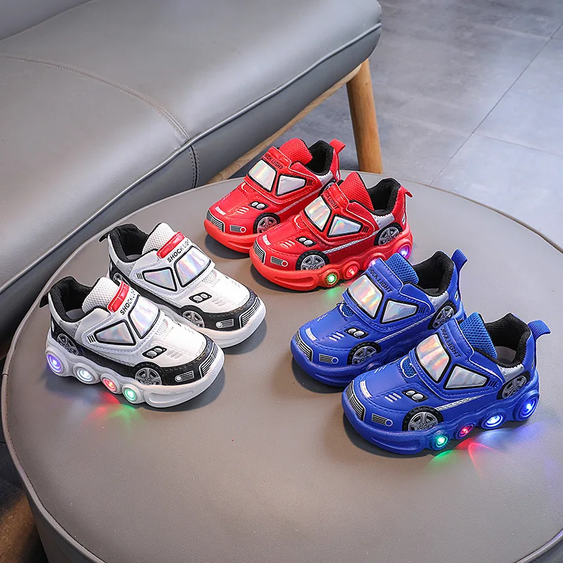 Funny Cartoon Car Surface LED Casual Sneaker for Kids Boys Sparkly Outdoor Shoes Children Lighted Non-slip Luminous Shoes H08142