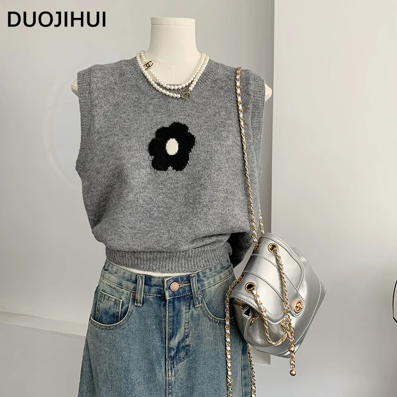 

DUOJIHUI Grey Korean Fashion Sleeveless Simple Female Sweater Vest Autumn New Chic Solid Color Casual Knitted Women Sweater Vest