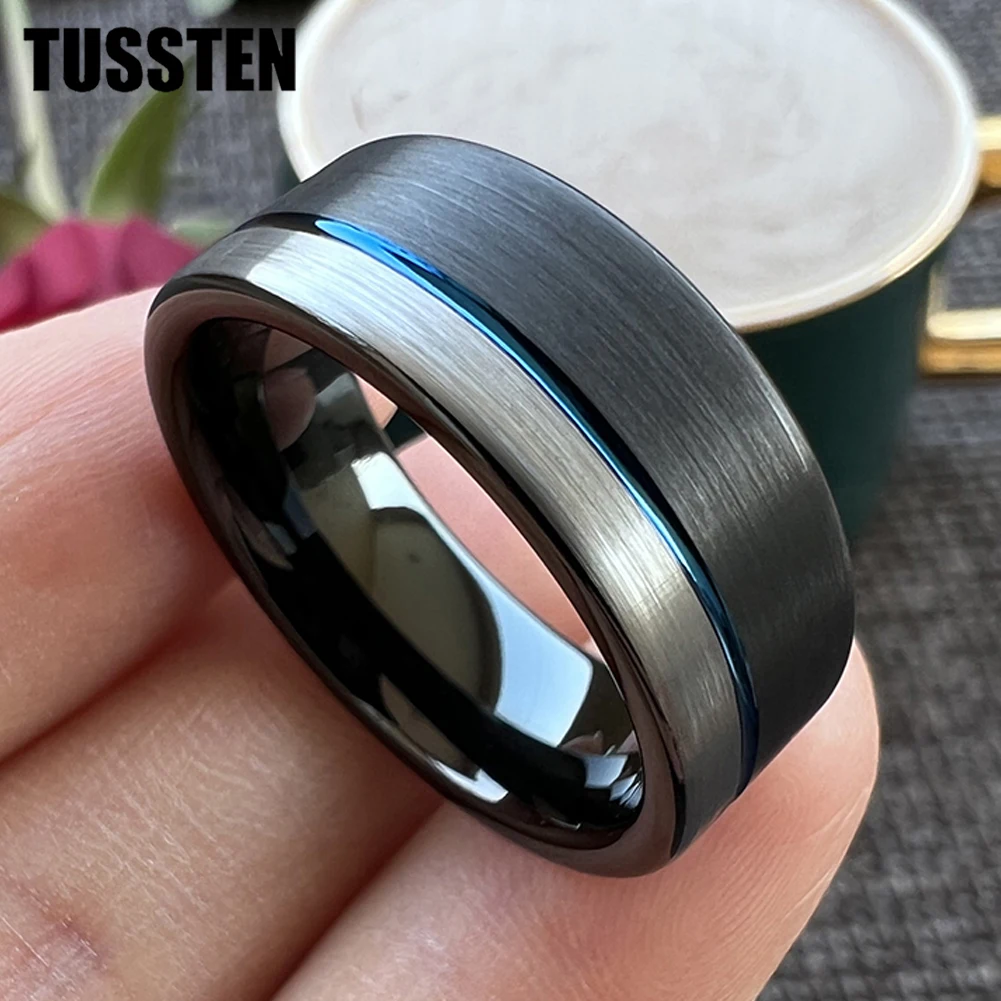 Dropshipping TUSSTEN  8MM Black Blue Wedding Band Men Women Tungsten Carbide Ring Offset Grooved Brushed Comfort Fit