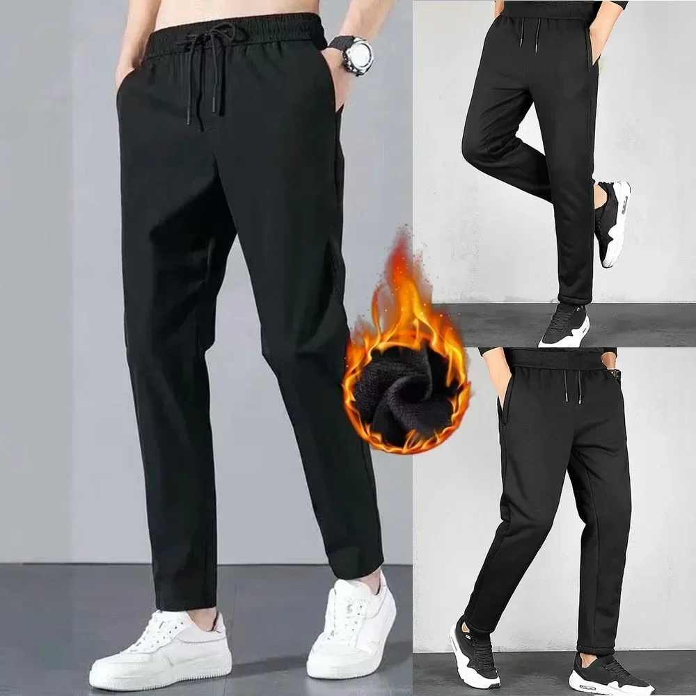 Casual Men\'s Winter Fleece Lined Pants Solid Black Warm Thick Thermal Trousers Athletic Pants Clothing