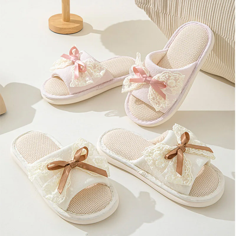 Women Lace Bow Linen Slippers Summer Home Indoor Patchwork Sandals Slides Europe And The United States Cotton Sandals Ladies